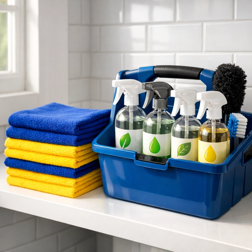 Organized color-coded microfiber cloths and cleaning supplies for professional Dover estate cleaning services.