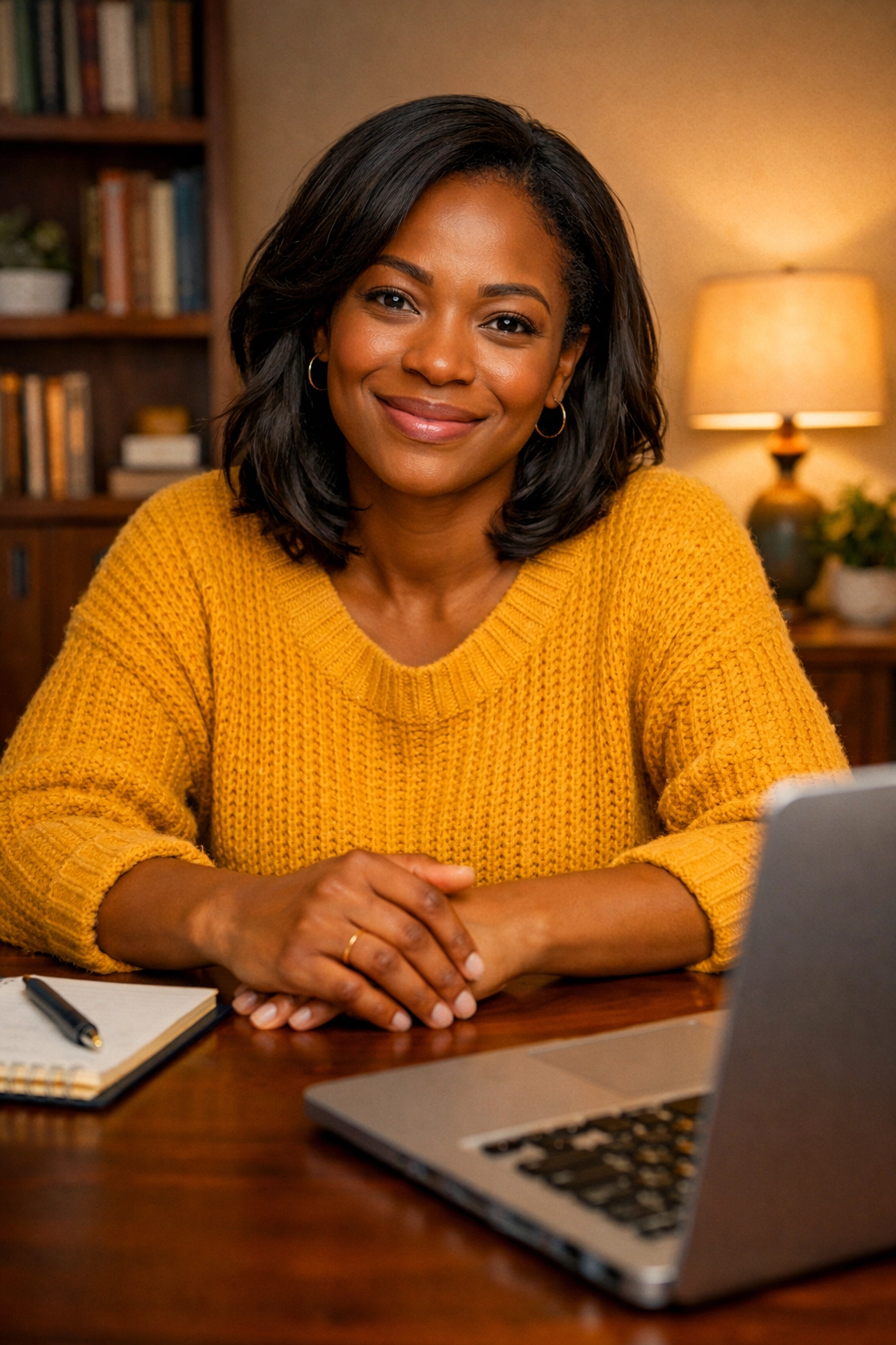 A compassionate Black woman therapist in Tennessee conducting a virtual therapy session for anxiety.