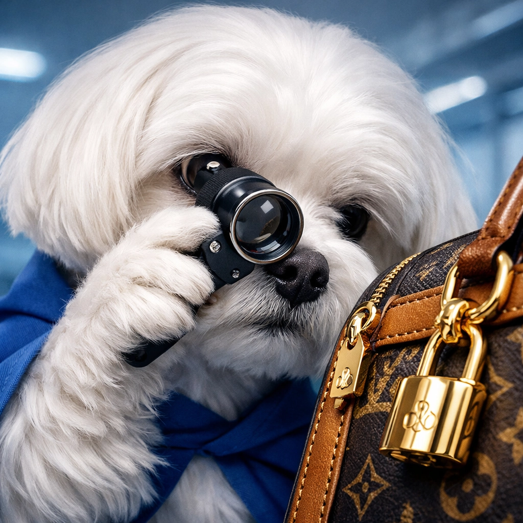 Expert dog mascot inspecting a luxury handbag with a jeweler's loupe for high-accuracy authentication.