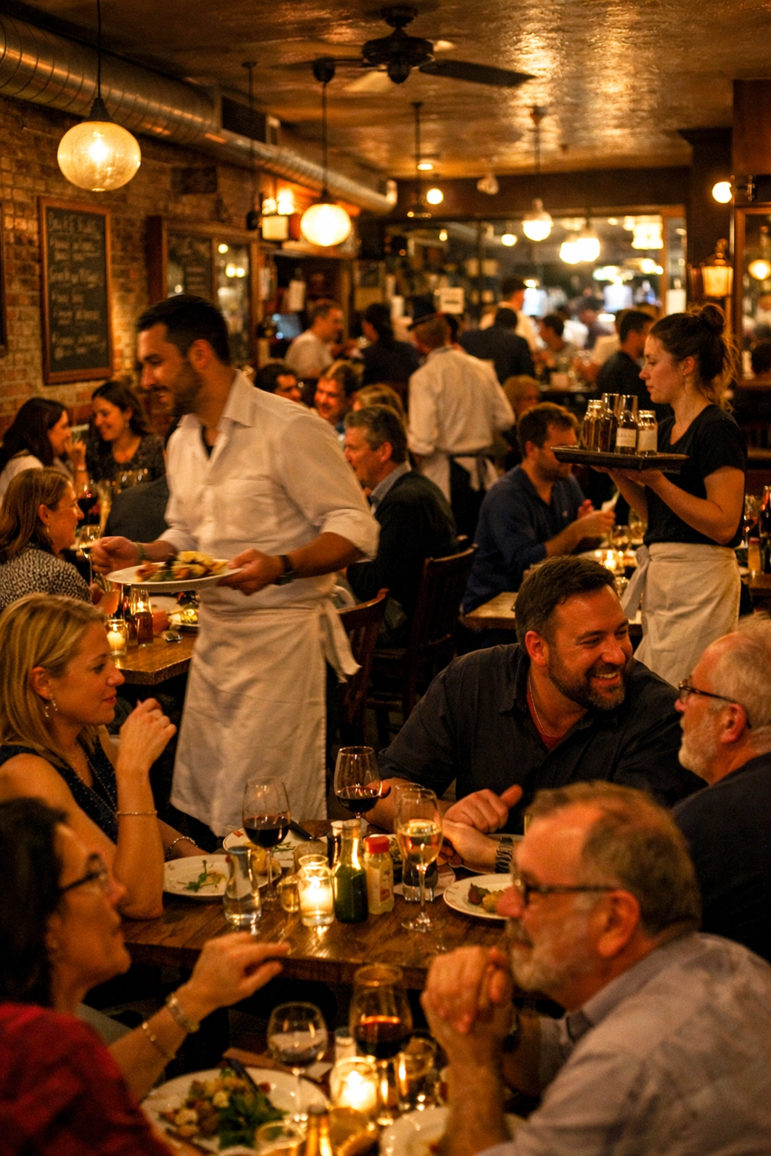 A bustling Montreal restaurant interior during dinner rush, capturing the vibrant local dining scene.