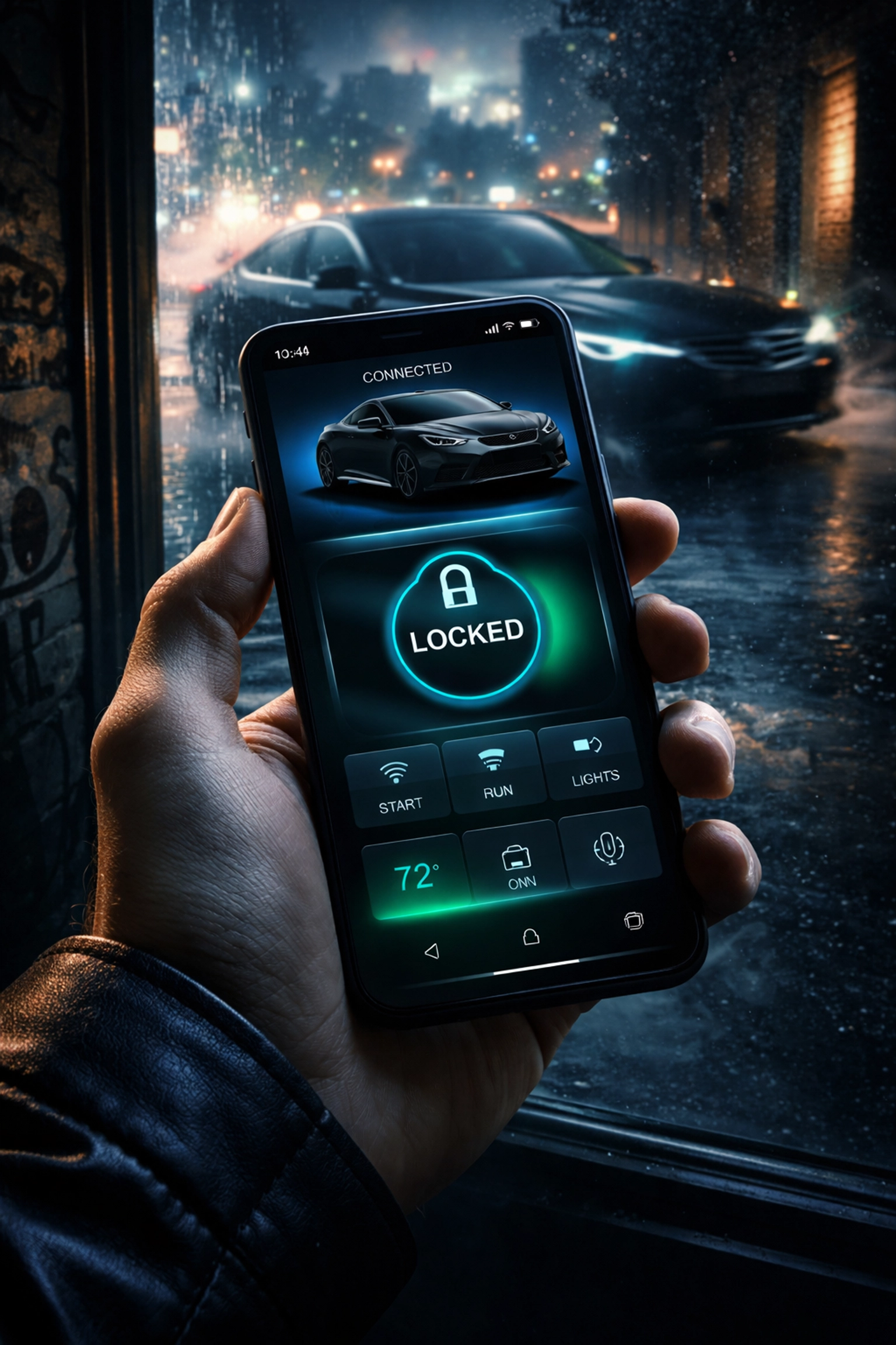 Hand holding smartphone with remote car starter app near a black car, highlighting remote start installation in Pittsburgh.