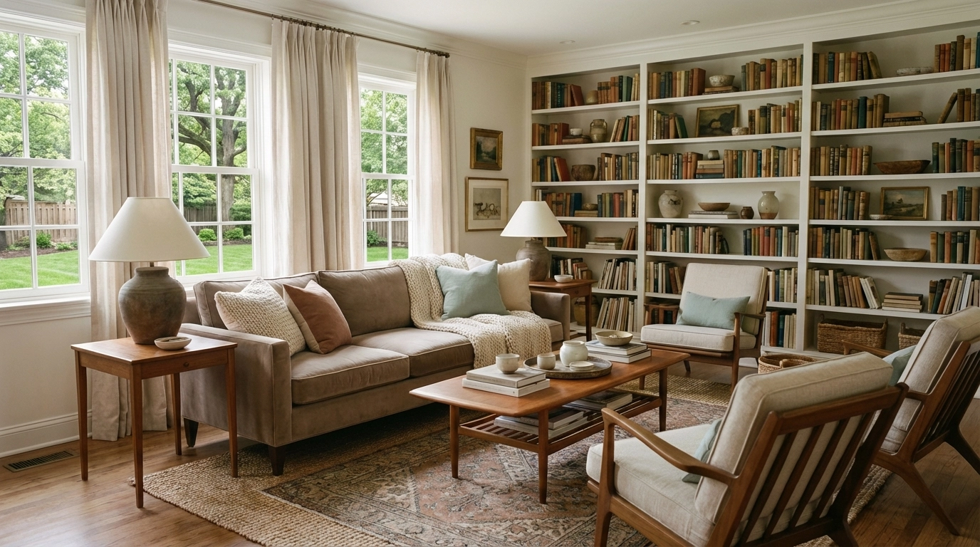 Luxurious North Shore Chicago living room featuring curated vintage and modern furniture for personalized comfort.