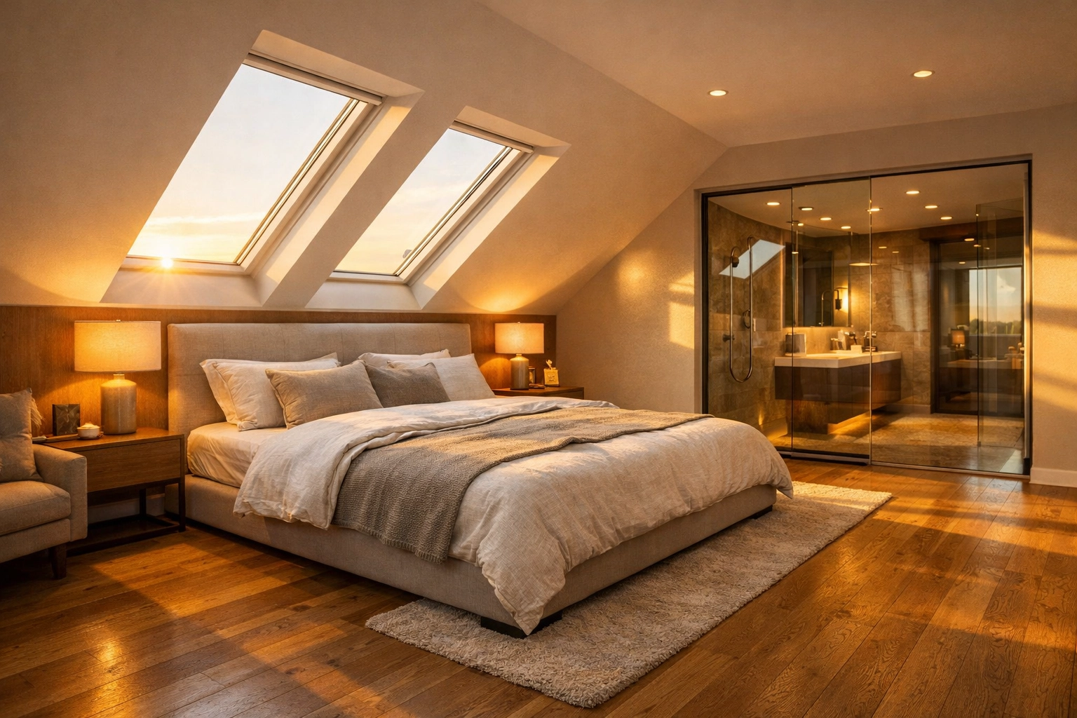 Luxury loft conversion master suite with skylights adding value to a West Sussex home.