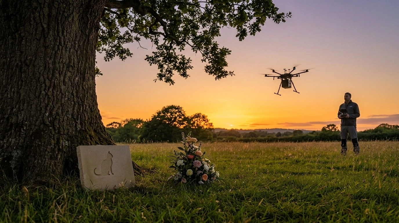 A serene English meadow at sunset with a subtle cat memorial and a drone in the distance