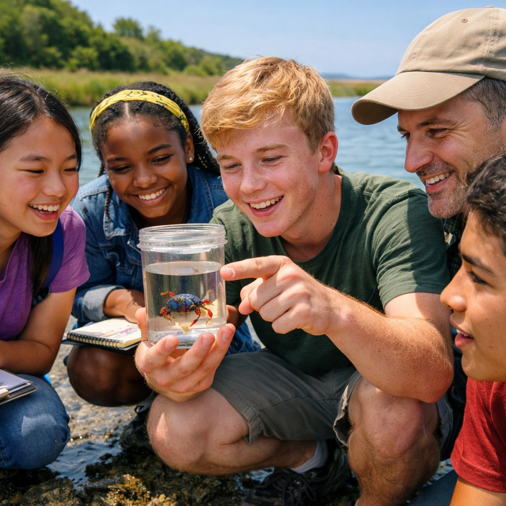 Students participating in a coastal citizen science BioBlitz organized by a modern aquarium.