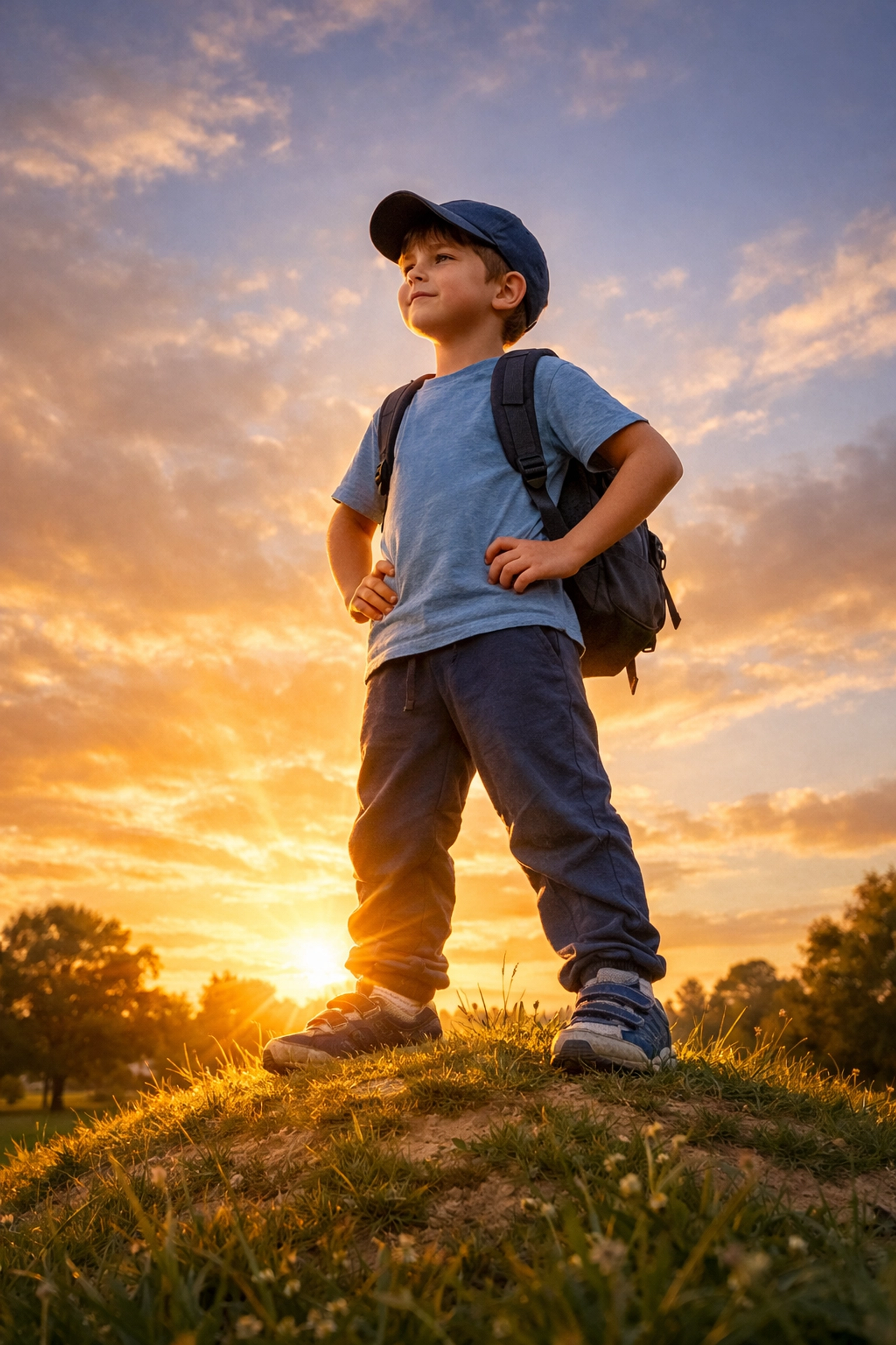 A happy child standing on a hill wearing comfortable sensory friendly clothing from Anchor Apparel.