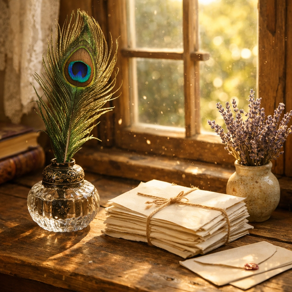 Rustic cottage writing desk with a feather quill and inkwell, inviting readers to share their stories.