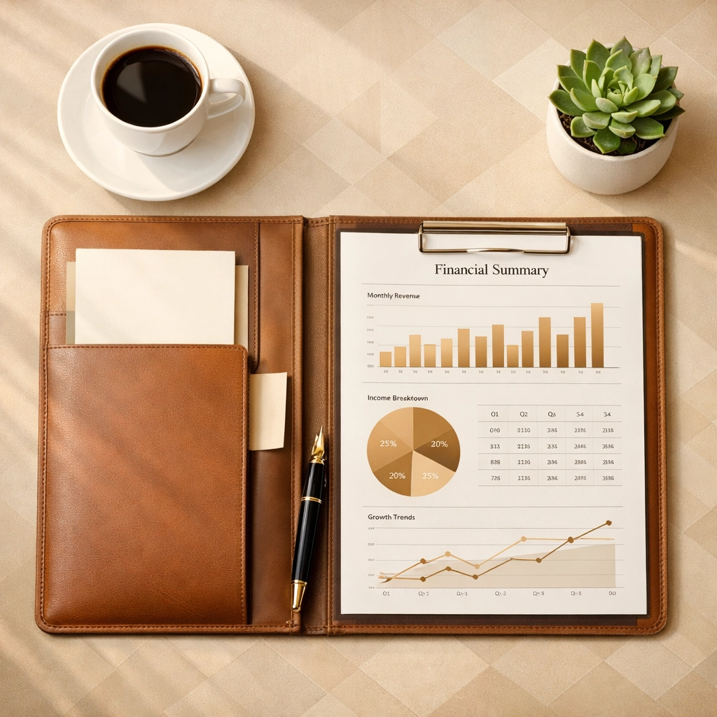 Professional financial planning portfolio on desk showing transparent fee-only advisory documentation
