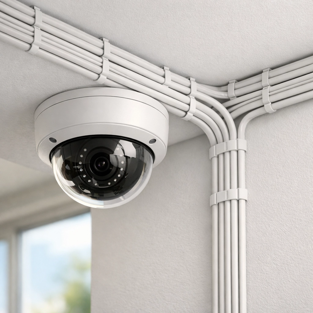 Professional dome security camera installation with clean structured cabling