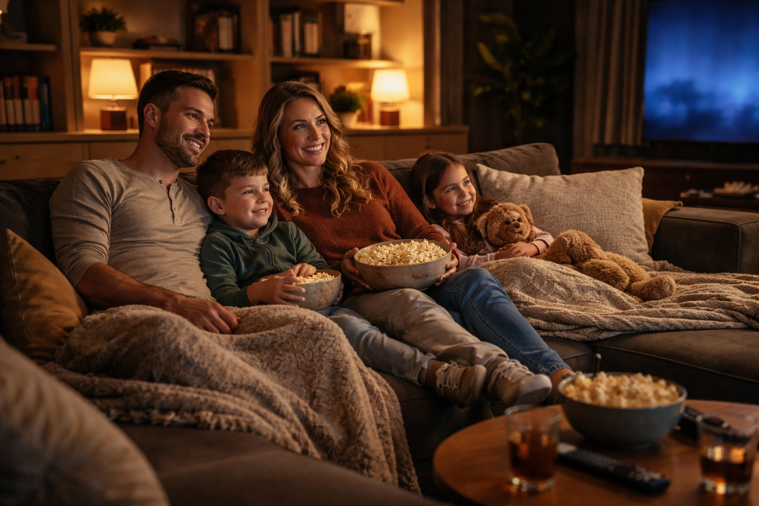 Minneapolis family enjoying a movie night in a cozy media room with sectional sofa and large TV, comfortable for all.