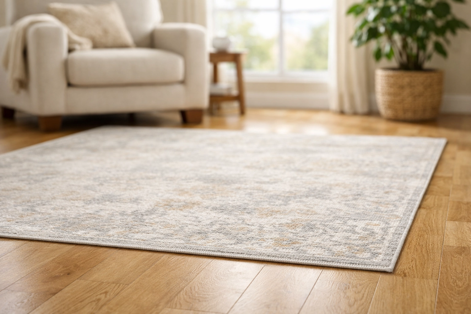 Secure flat area rug on hardwood floor to reduce tripping hazards in home fall prevention