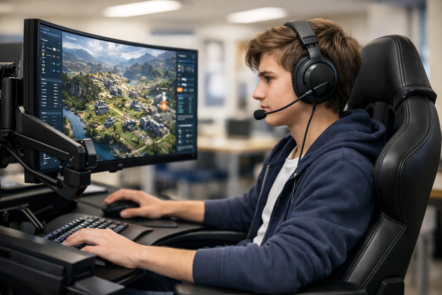 A student utilizing a branded esports pod as a high-impact media asset for school learning.