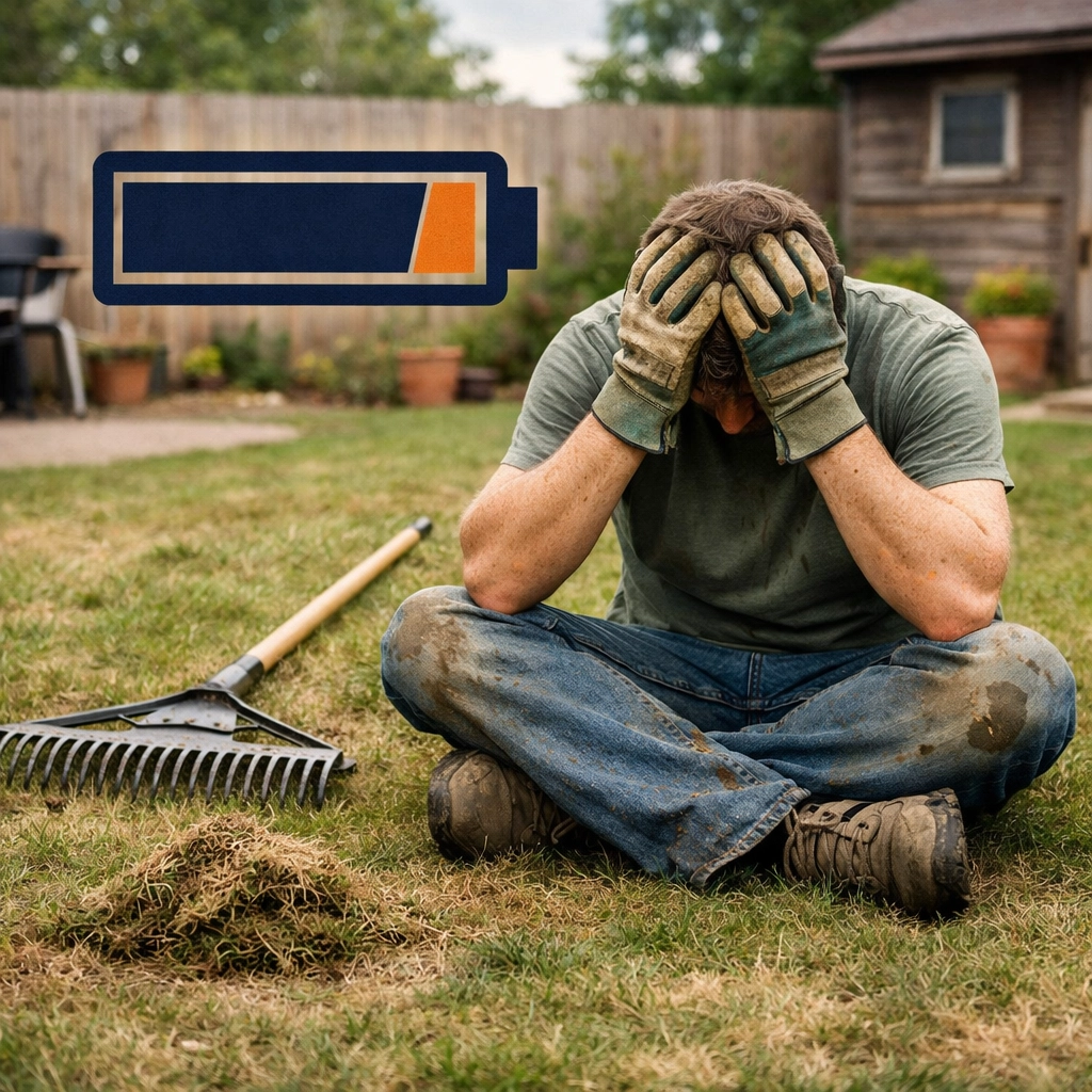An exhausted gardener in Reading after trying to manually dethatch their lawn with a rake.