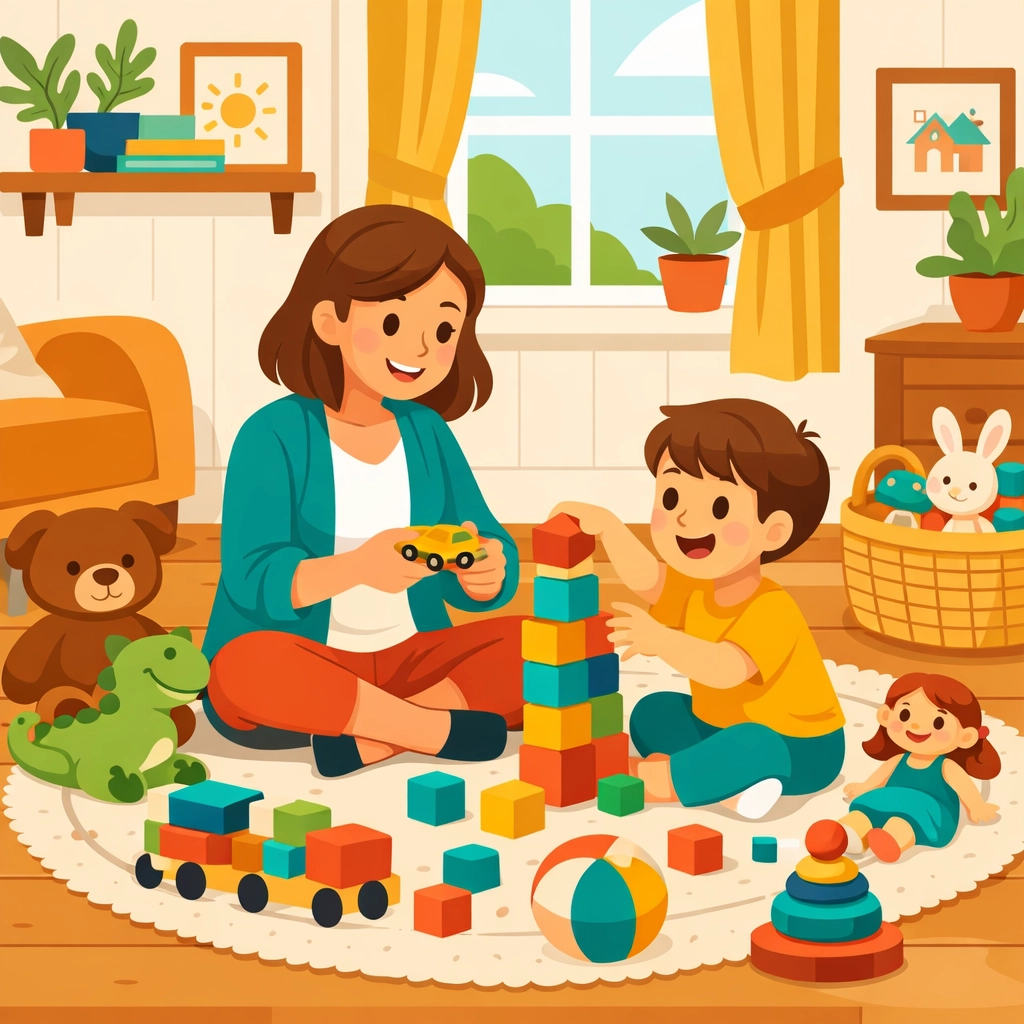 Play-based ABA therapy session with therapist and child playing with toys on floor at home