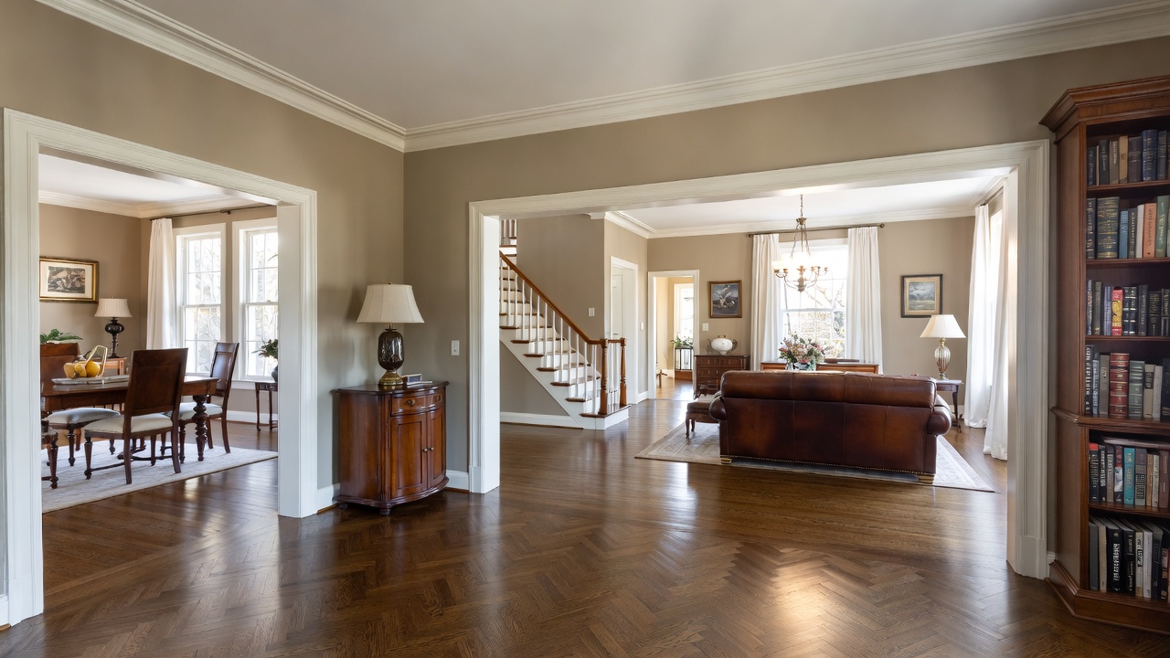 Classic Home Interior with Herringbone Hardwood Flooring