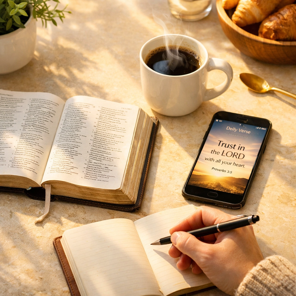 Morning Bible study with coffee and journal on kitchen counter - faith in everyday busy life