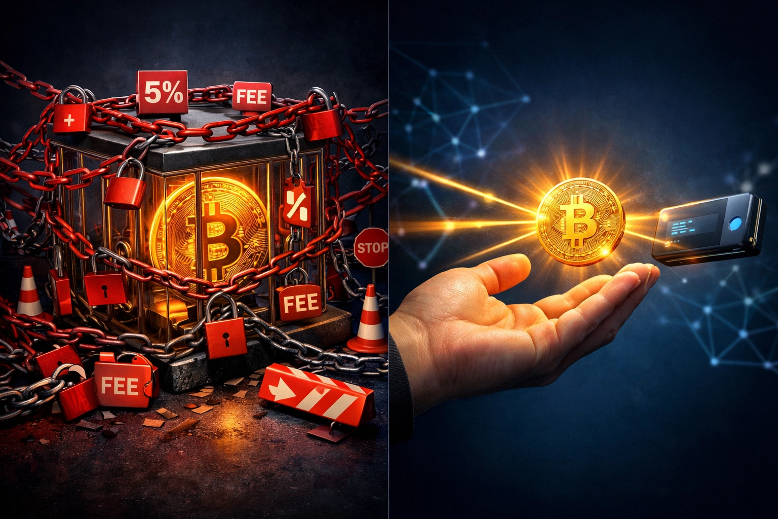 Custodial vs self-custody crypto payment comparison showing merchant control and financial freedom