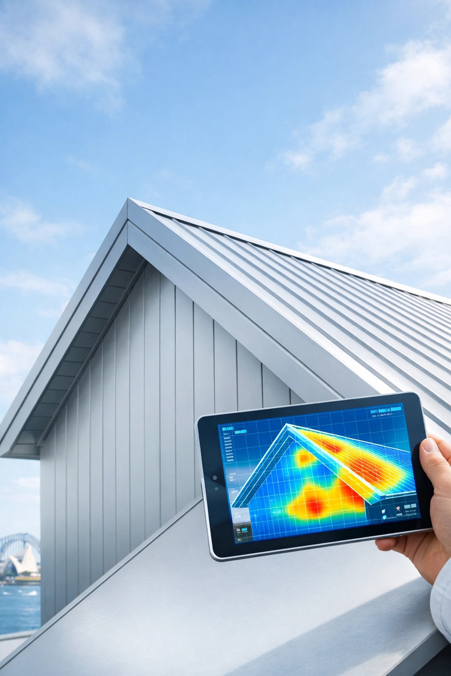 Professional roofers Sydney using thermal imaging technology to detect hidden leaks on a modern metal roof.