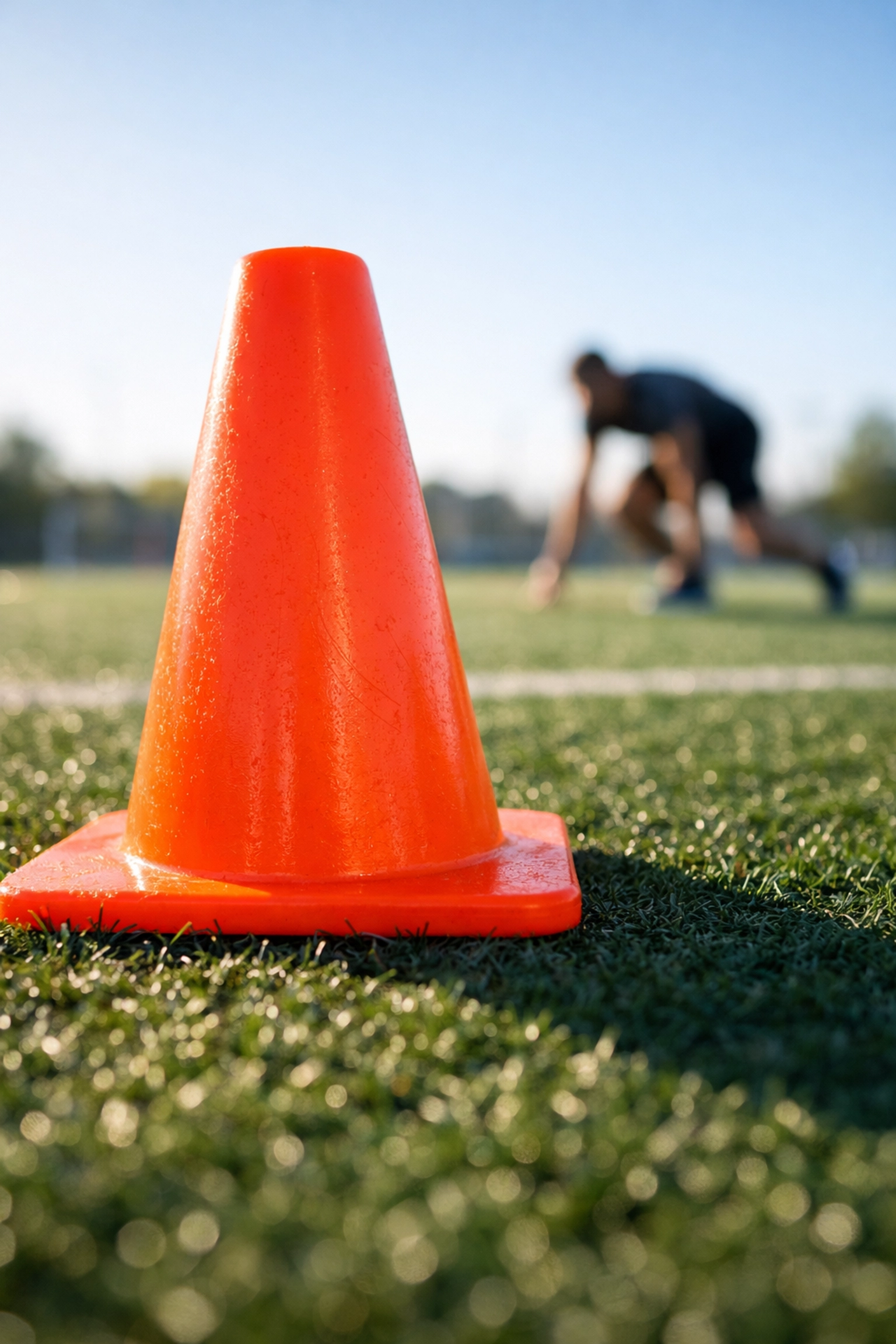 Agility cone on a green turf field used for timing athlete sprint speed and acceleration.