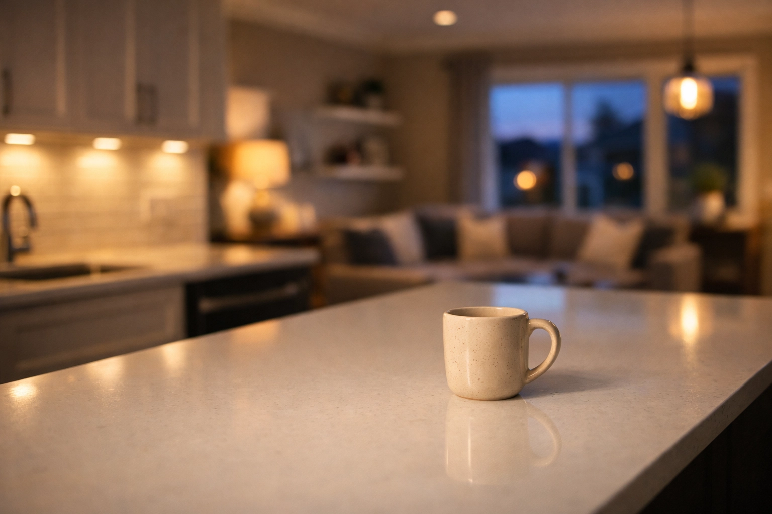A clean and organized kitchen island in a Medfield home, creating a stress-free atmosphere.