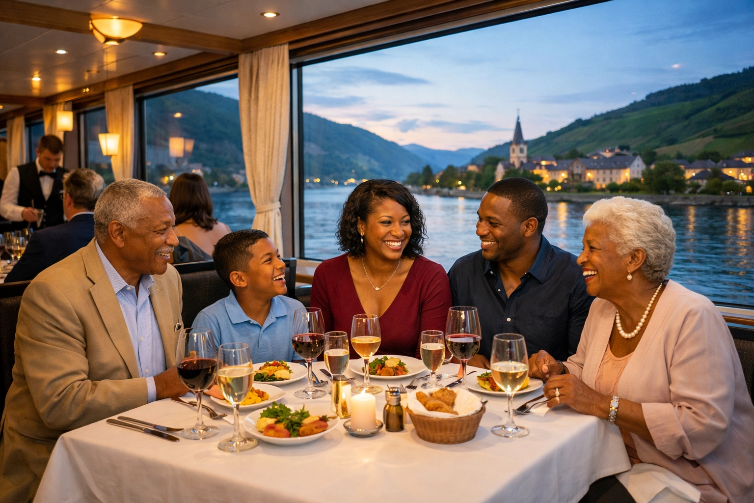Family dining aboard European river cruise ship with countryside views through panoramic windows