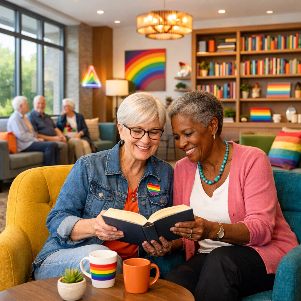 Senior lesbian couple reading in a modern, LGBTQ-friendly retirement lounge with rainbow decor.