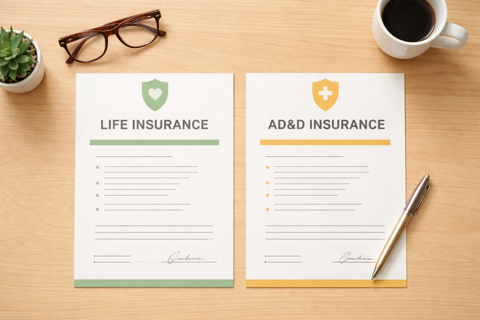 Two labeled documents comparing life insurance and AD&D on a tidy desk, representing policy differences.