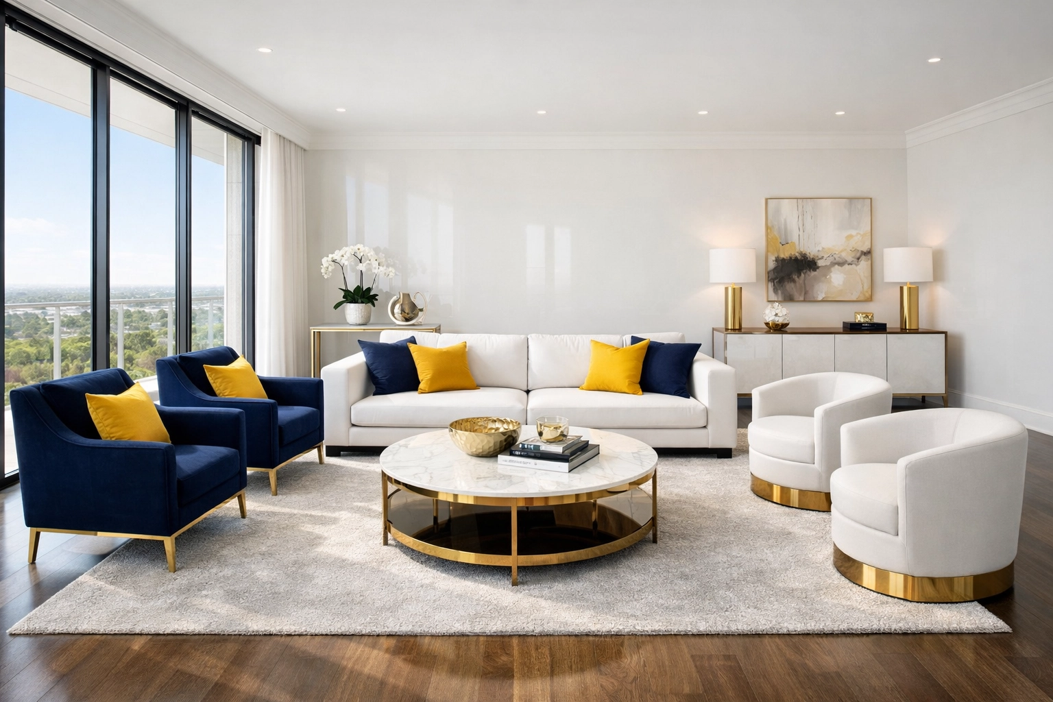 A pristine, dust-free luxury living room after a professional post-construction cleaning service.