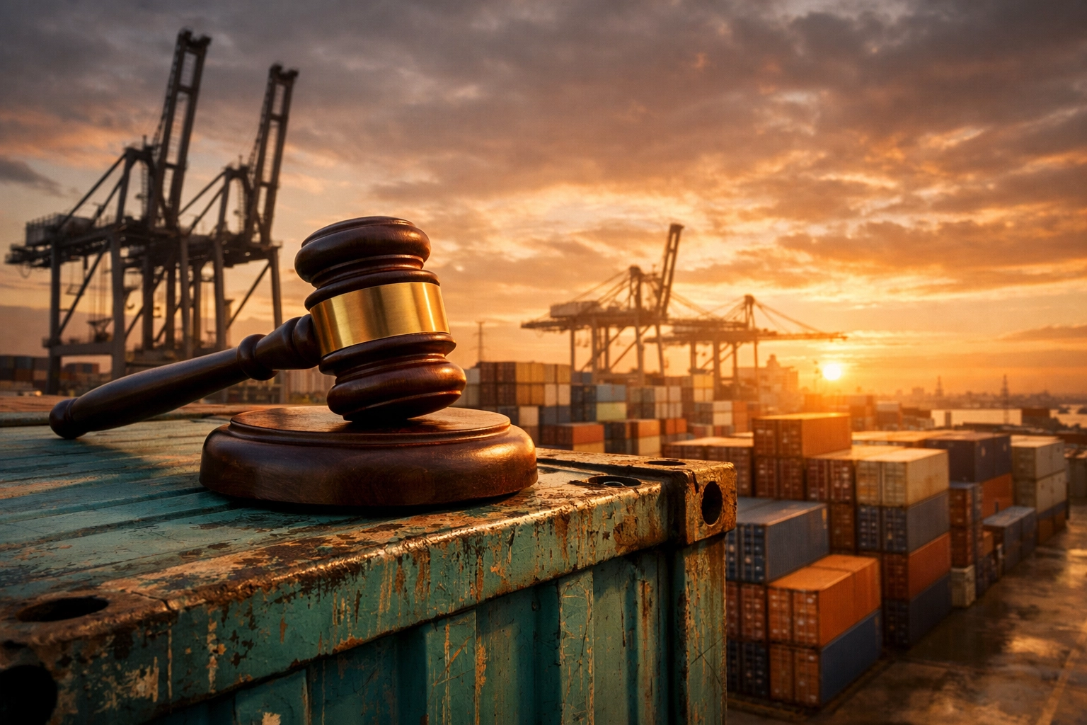 A judge's gavel resting on a shipping container, representing the impact of US tariffs on global trade.