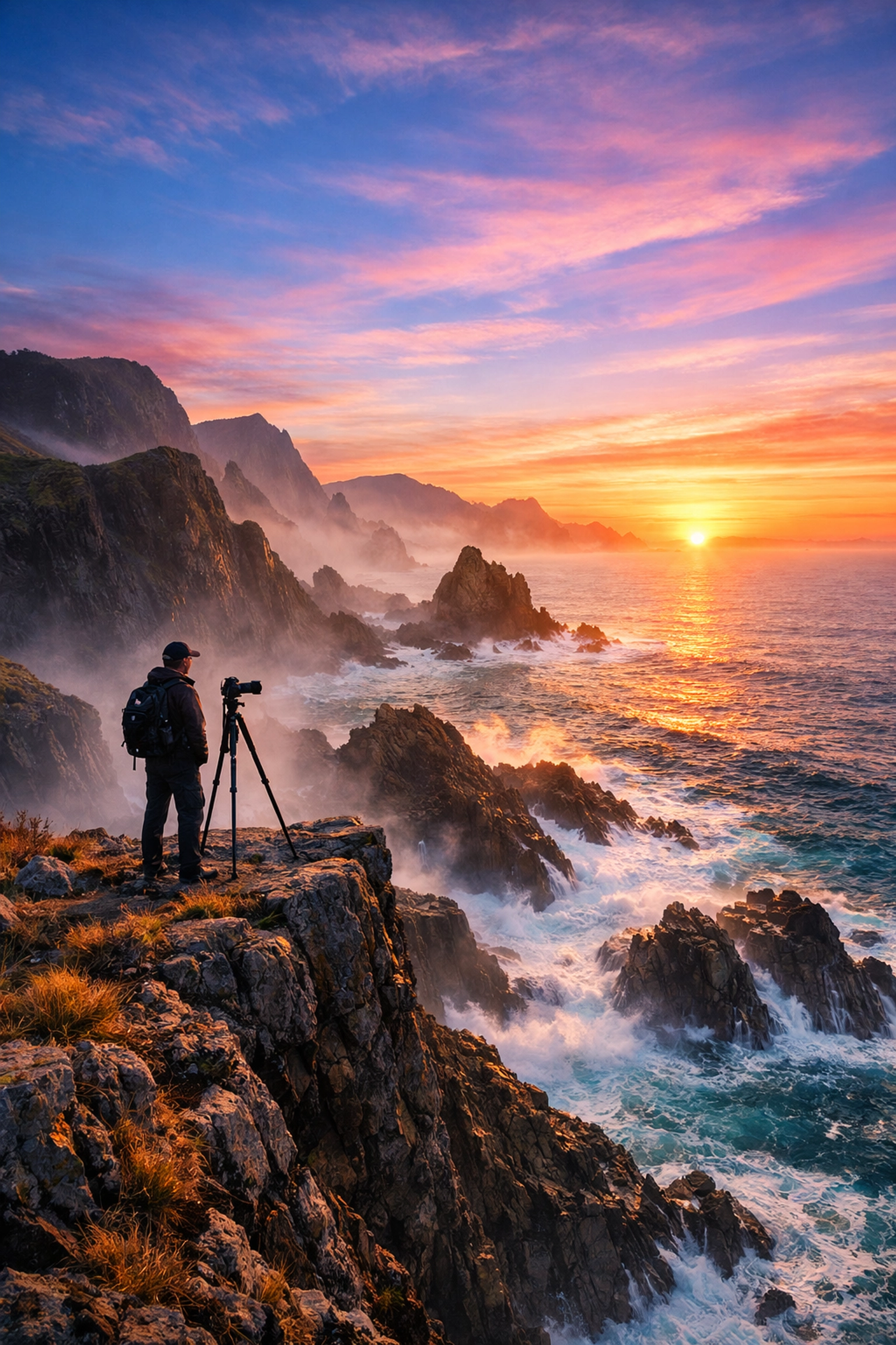 A professional photographer capturing a sunrise, illustrating the success of a full-time creative career.