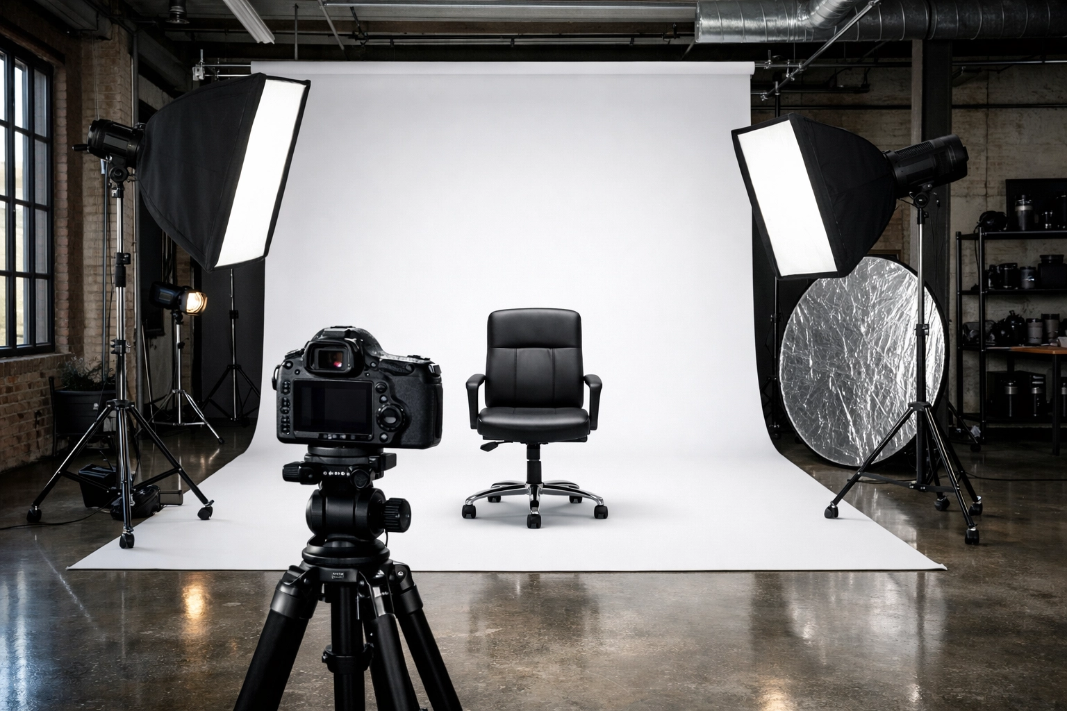 Professional photography studio setup with lighting prepared for a corporate headshot session.