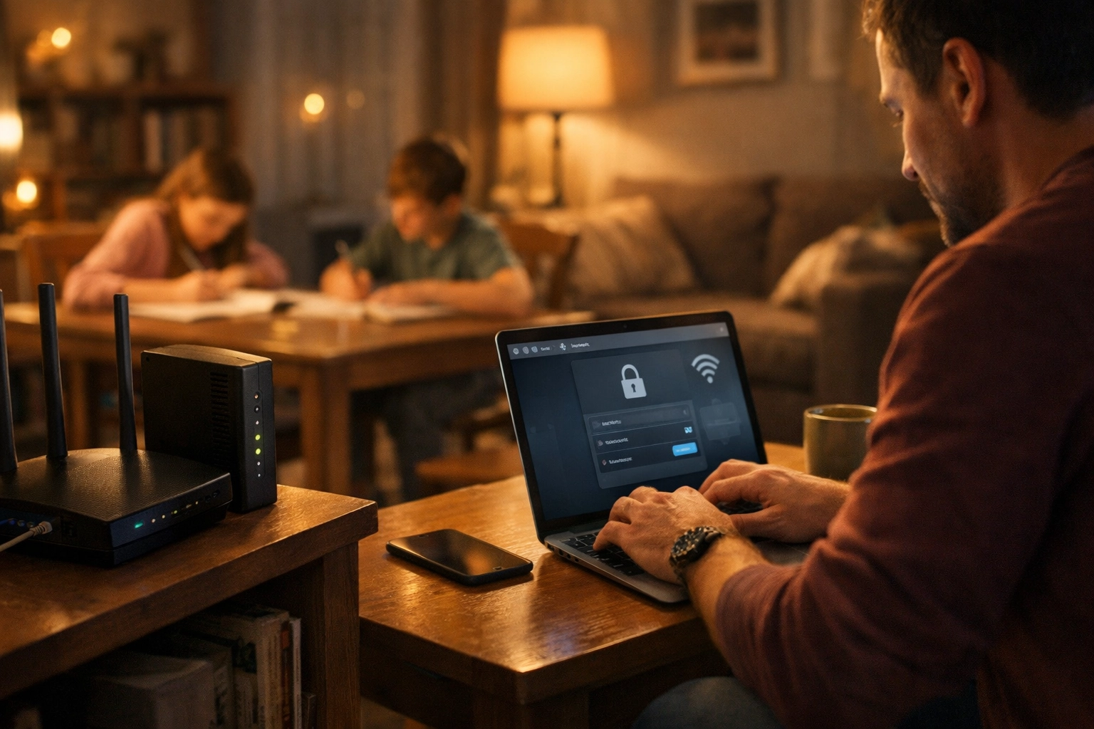 Family living room with a parent setting up a secure home network on a laptop