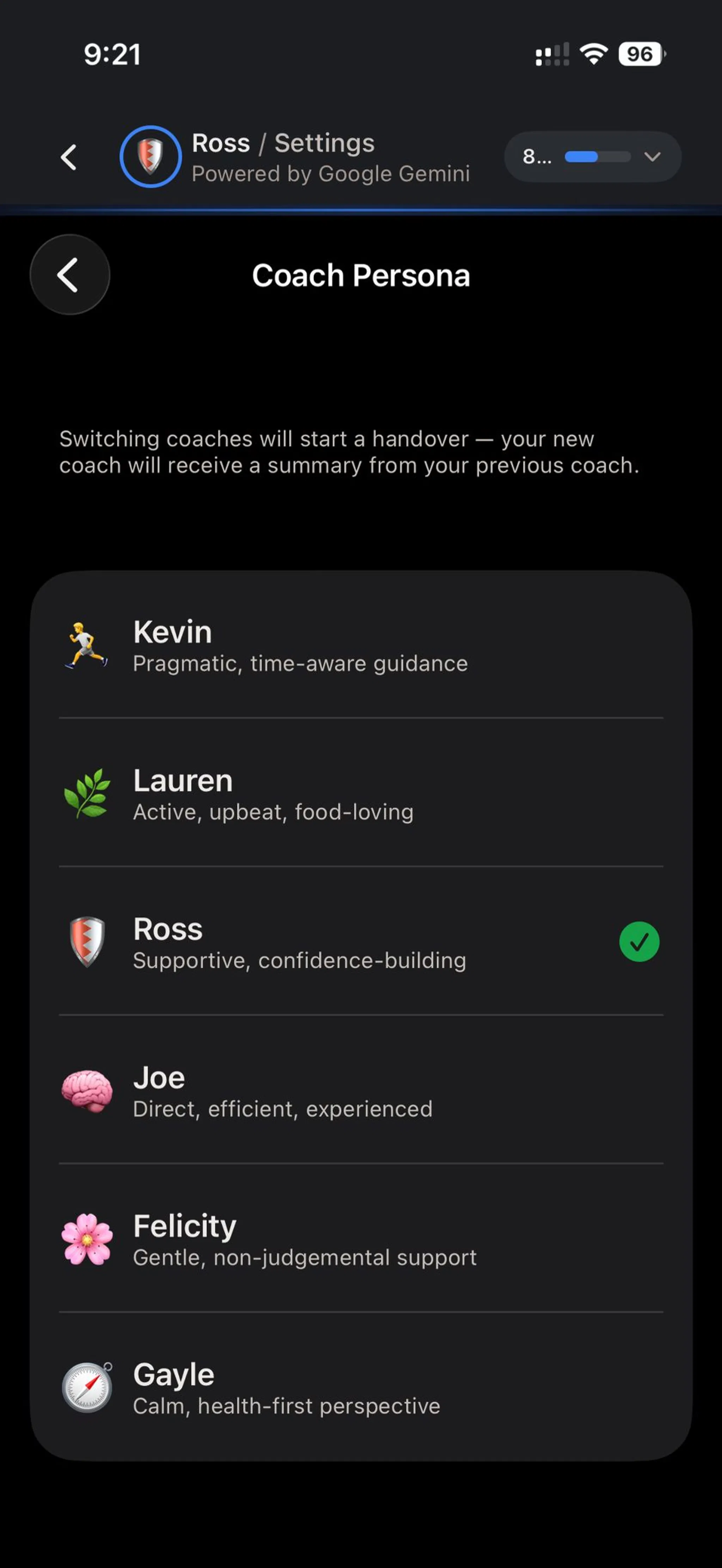 NutriTracker's Coach Persona selection screen