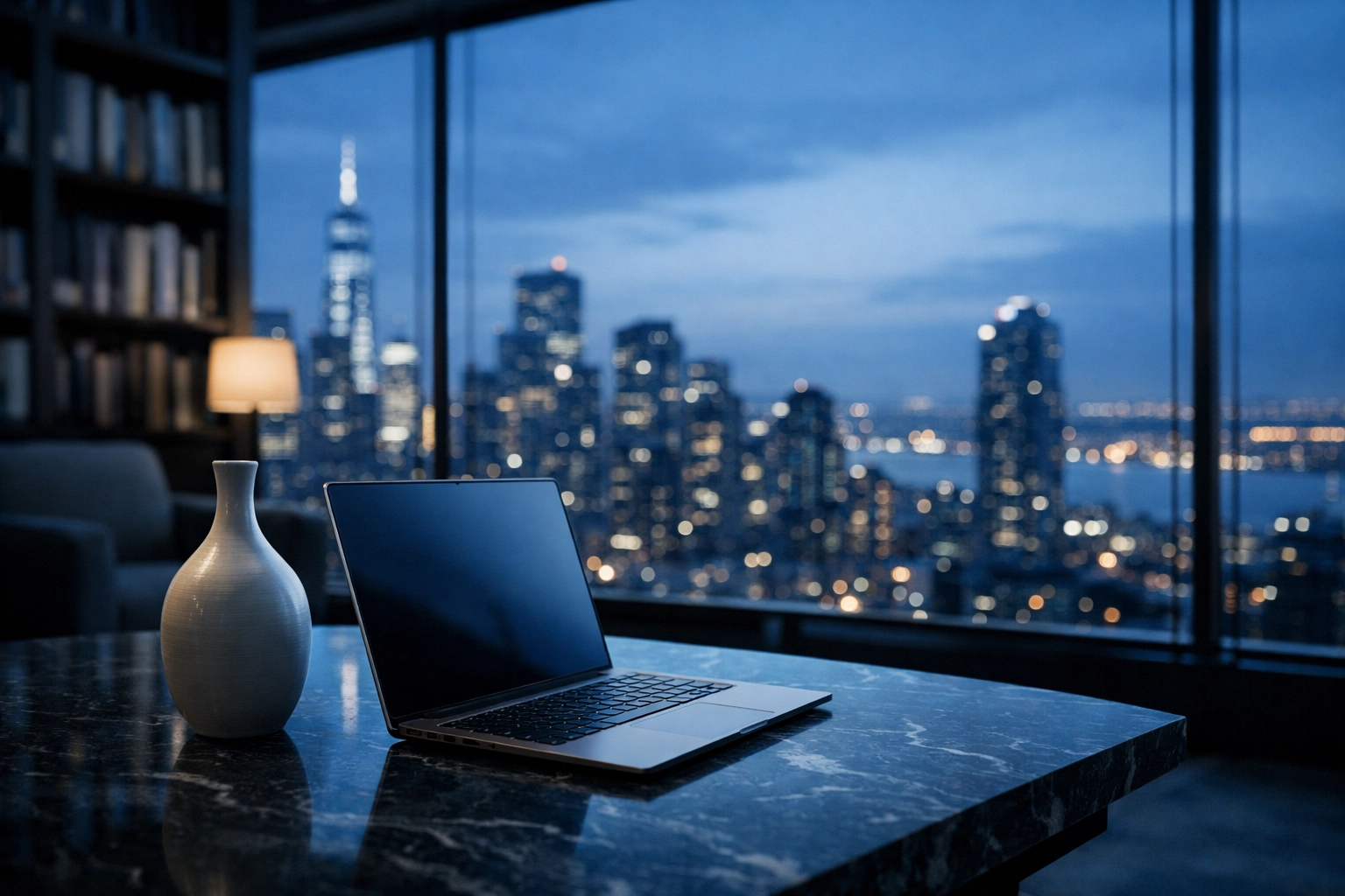 Laptop on a desk overlooking a city, representing real-time hospitality data insights.