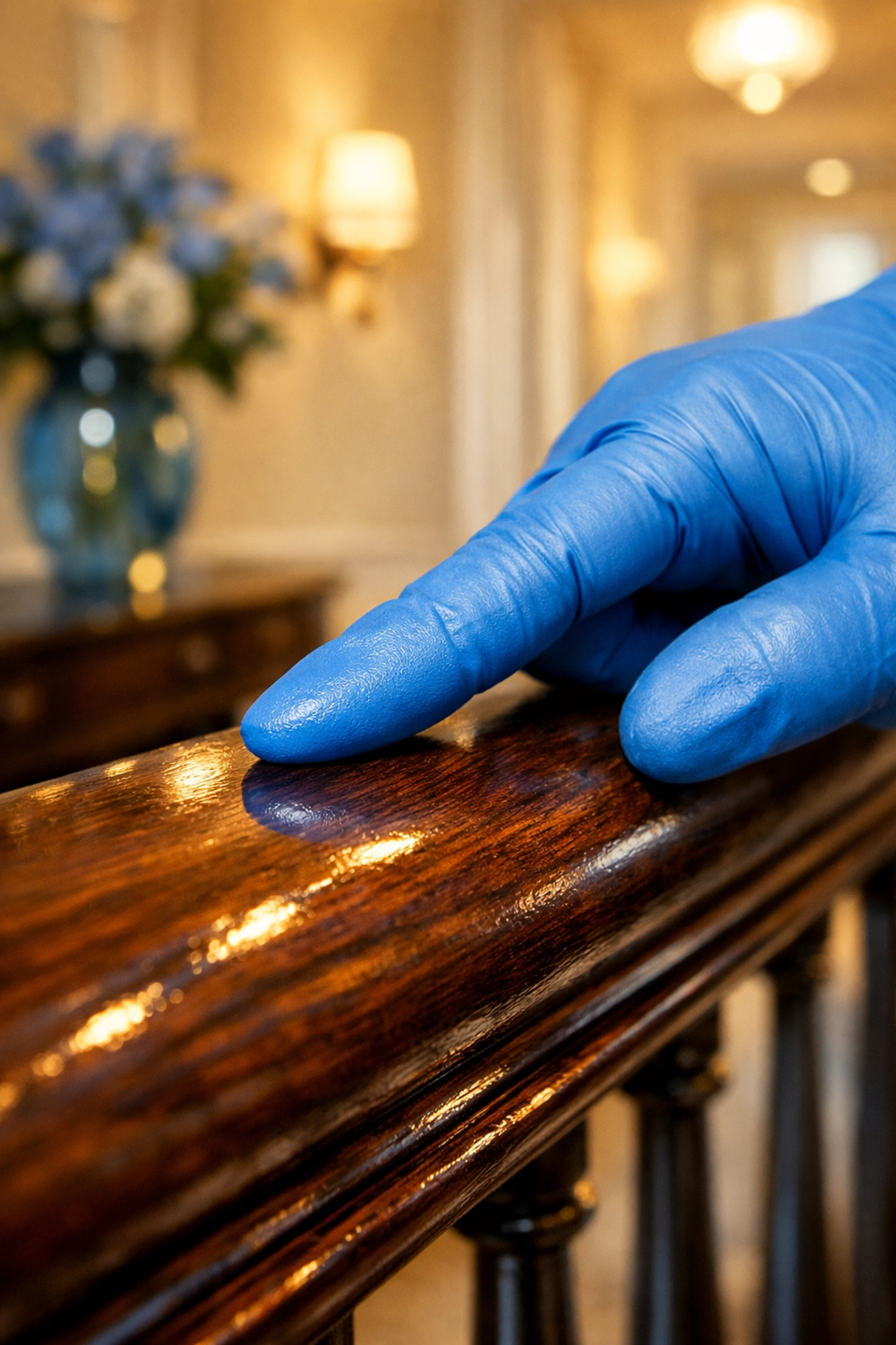 White glove inspection of a dust-free banister in a Newton home by The Cleaning Ninjas White Hat Solutions.