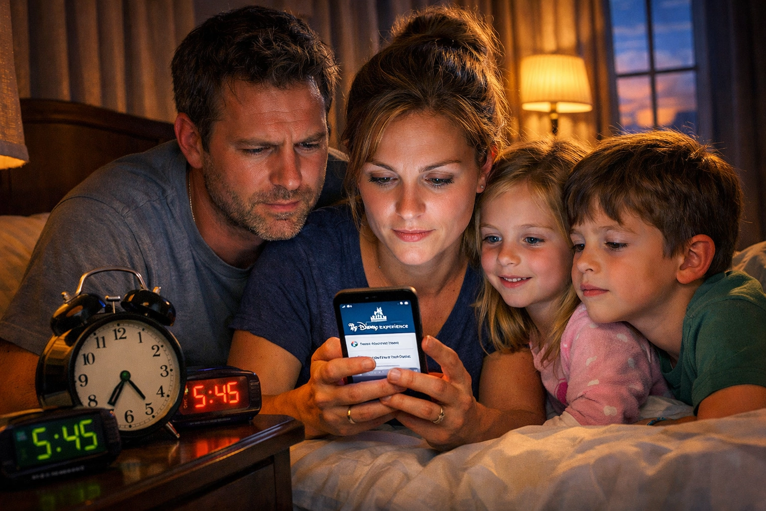 Family checking My Disney Experience app at 5:45 AM to book Disney dining reservations