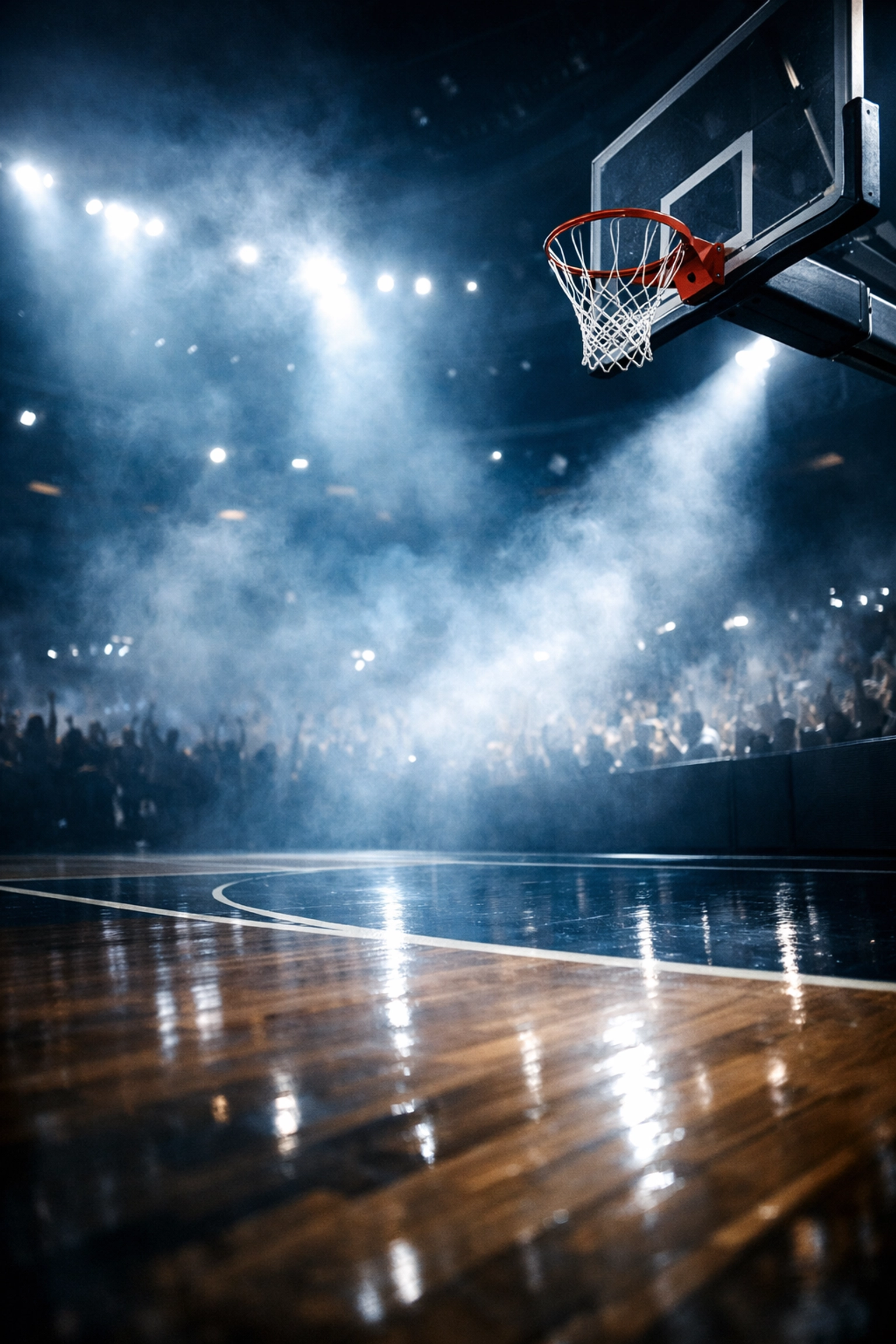 Cinematic navy and white basketball court in a high-stakes March Madness tournament arena.