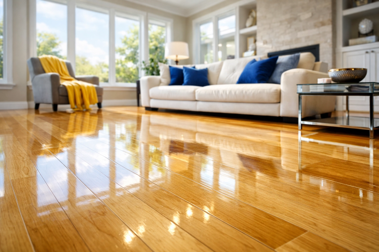 Gleaming maple floors in a living room, professionally maintained by weekly house cleaning Leominster MA services.