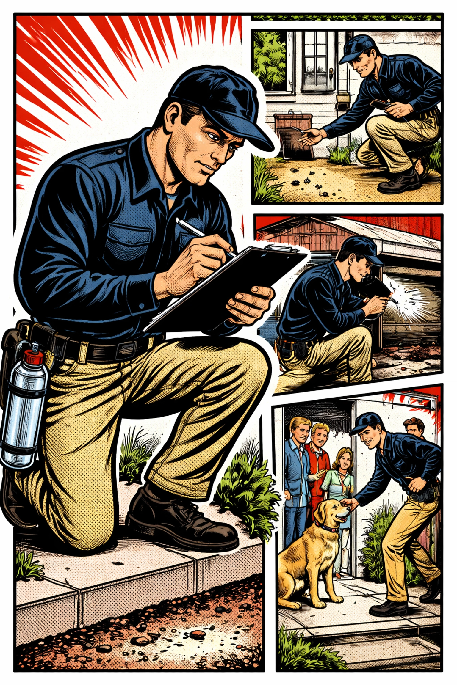Comic-style image of a dedicated pest control technician inspecting a Jasper home foundation with flashbacks to previous visits, emphasizing personalized, consistent service.