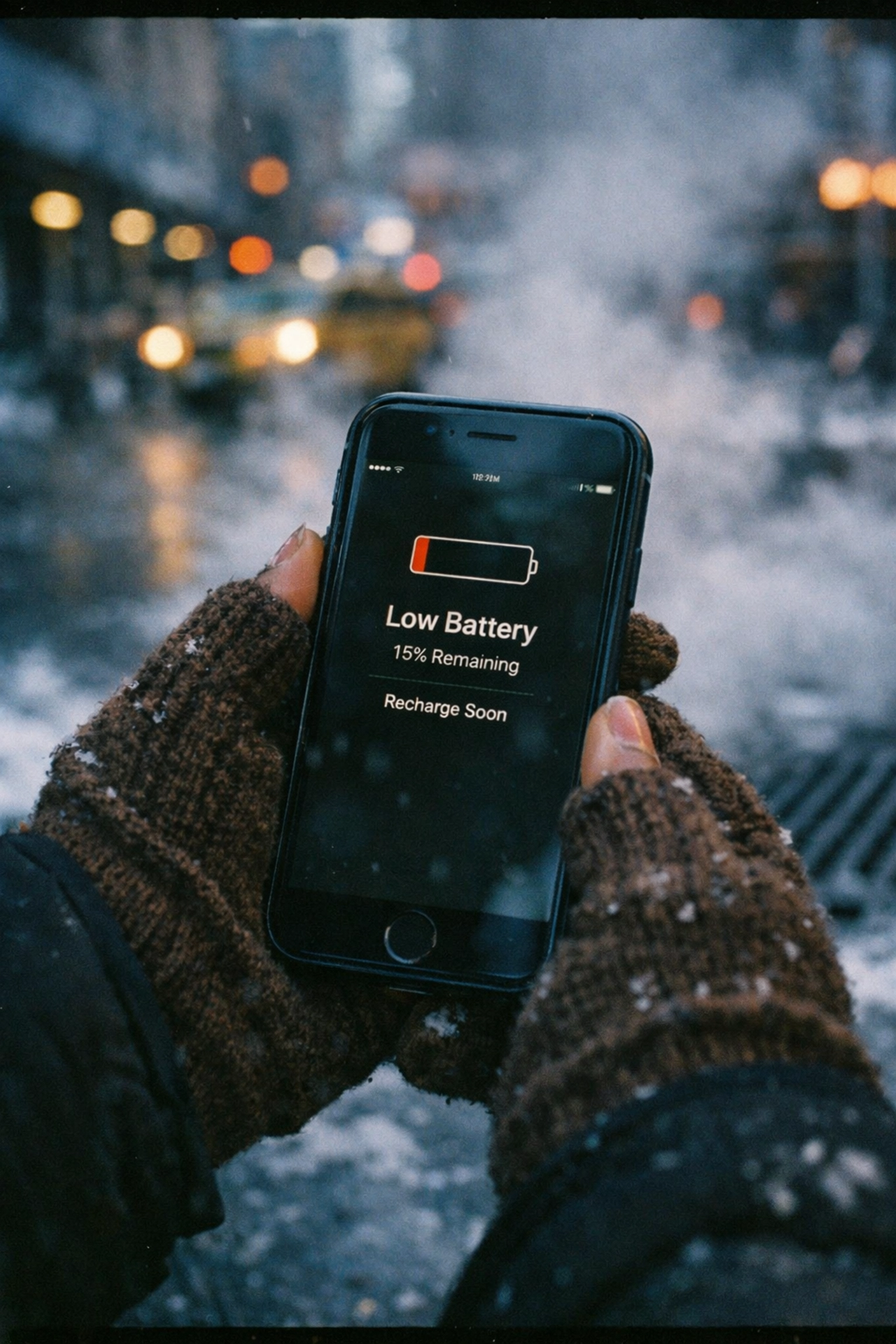iPhone showing low battery warning held by gloved hands on a snowy NYC winter street
