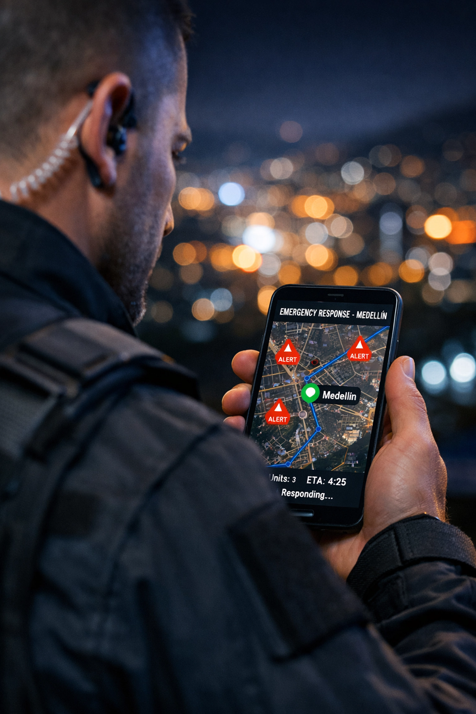 Professional bodyguard monitoring 24/7 emergency response system in Medellin at night