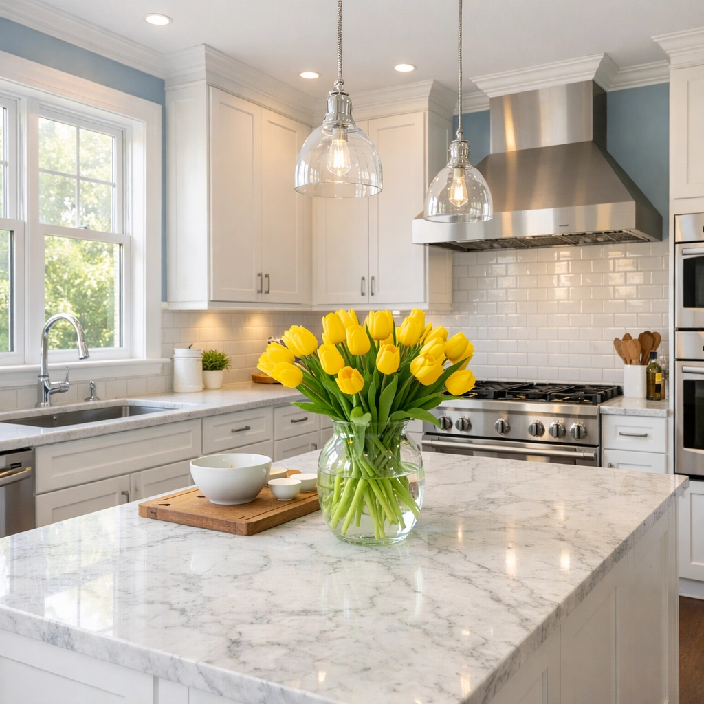 A clean and bright kitchen with marble countertops, part of our house cleaning North Andover MA services.