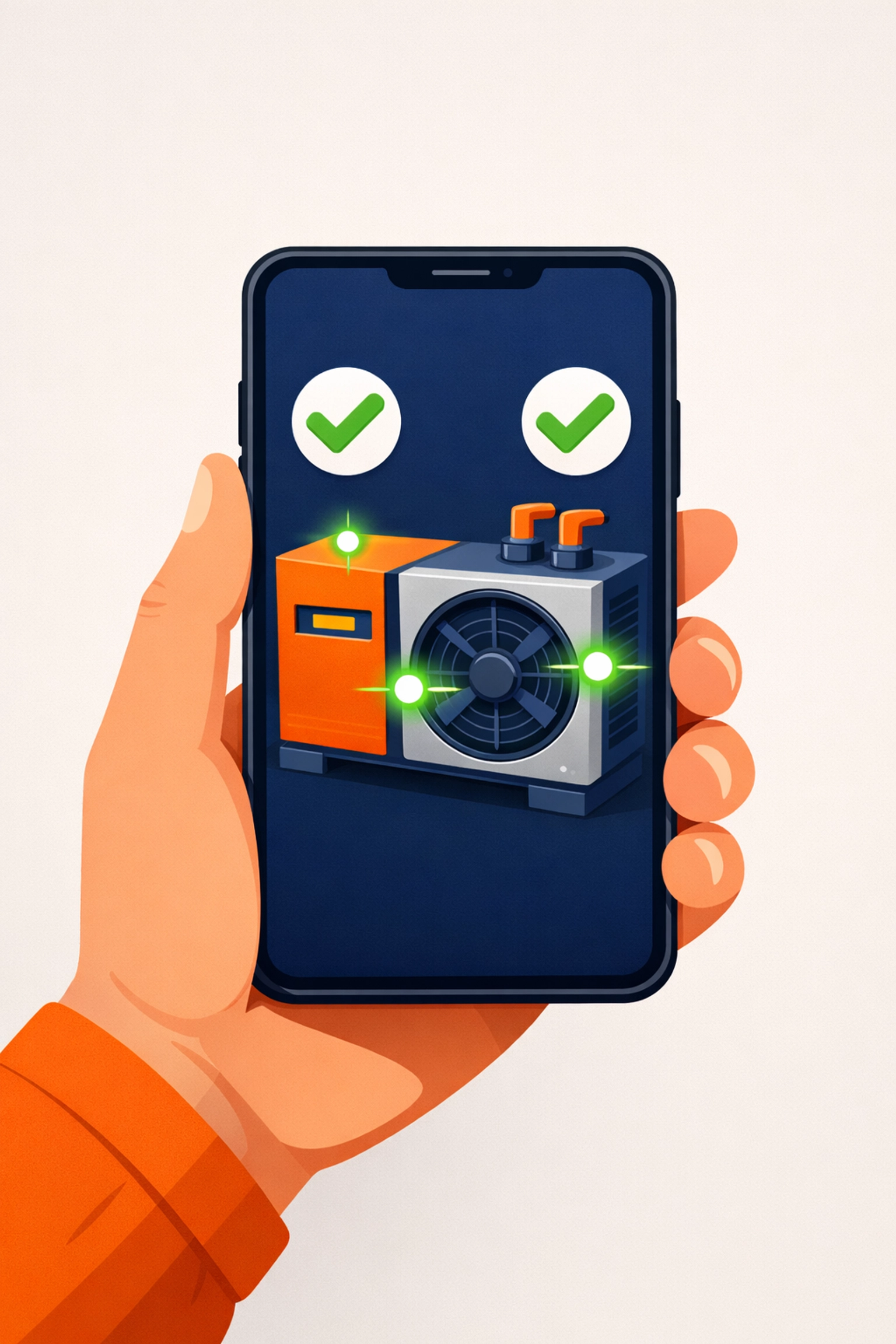 Smartphone app showing remote HVAC diagnostics and troubleshooting checkmarks for trade business efficiency.
