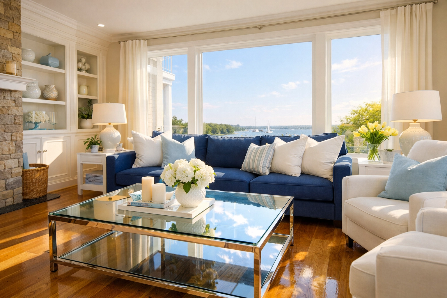 A spotless luxury living room showing five-star results from top-rated cleaning services near me in MA.