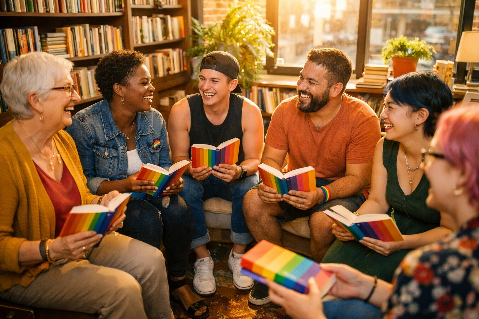 Diverse LGBTQ+ readers gathering in bookstore sharing gay books and queer literature