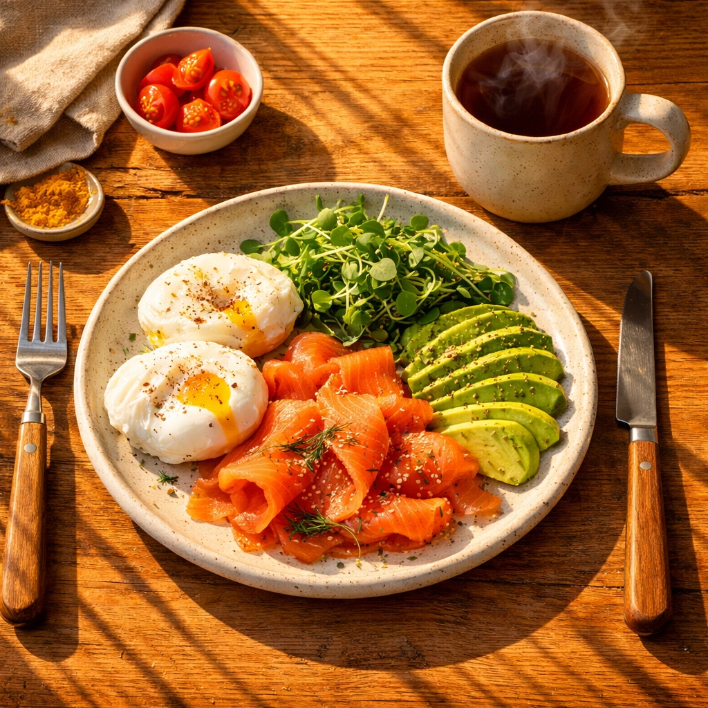 High-protein morning meal with eggs and avocado for circadian-aligned intermittent fasting.