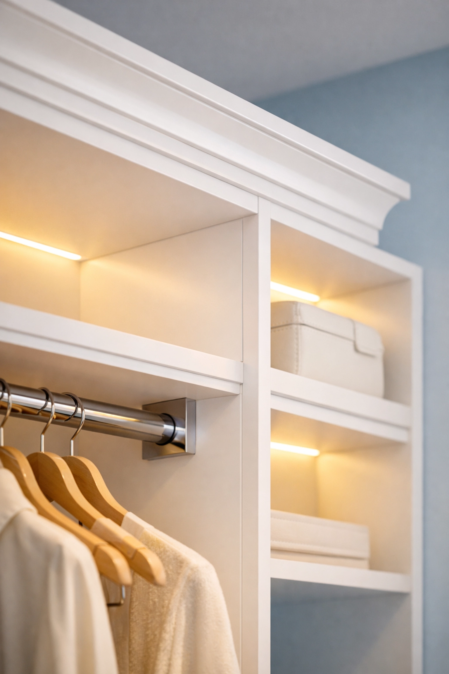 Detailed post-construction cleaning of white closet shelves in a luxury Harvard, MA home.