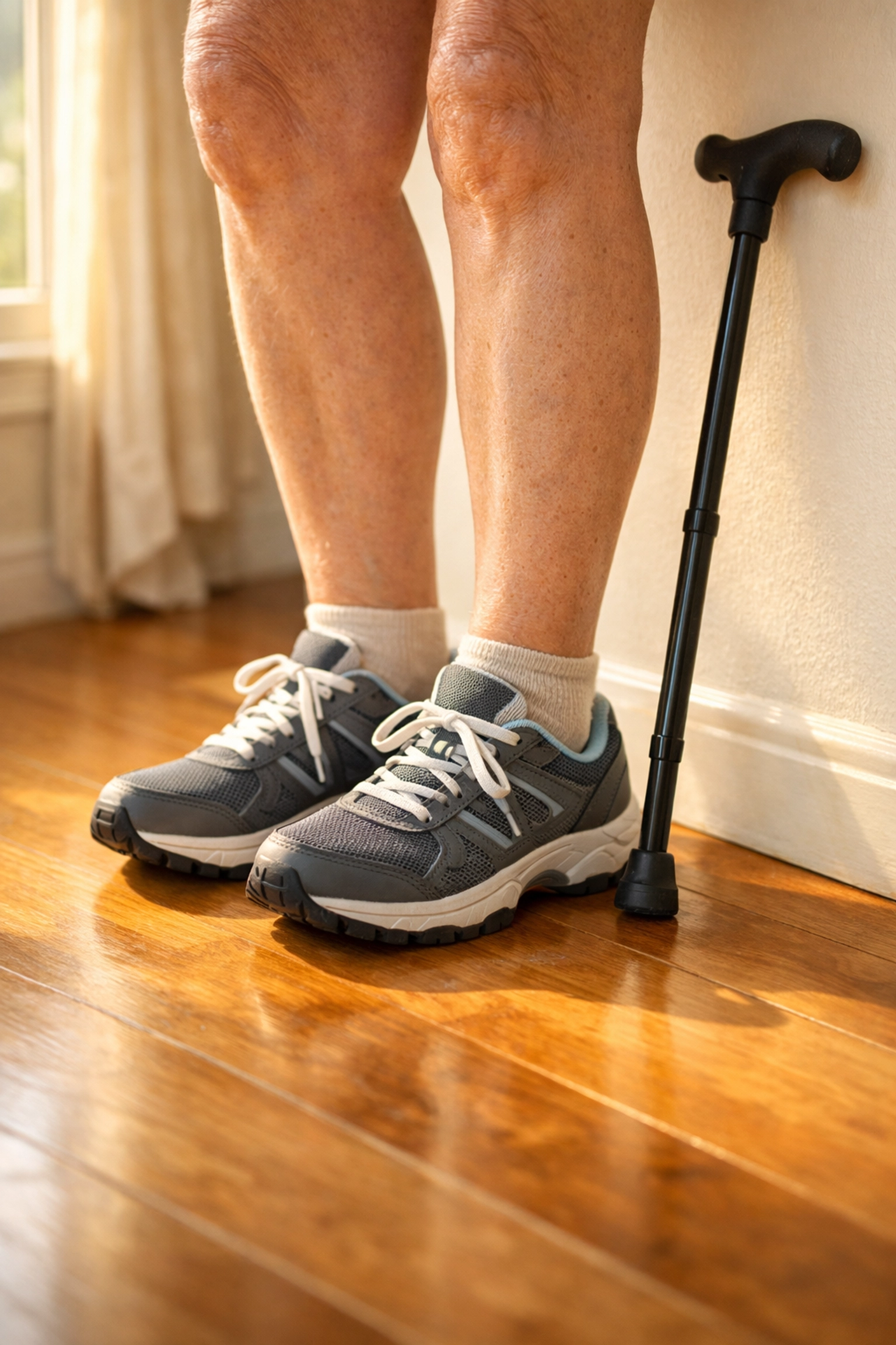 Senior woman wearing supportive shoes with walking cane for fall prevention at home