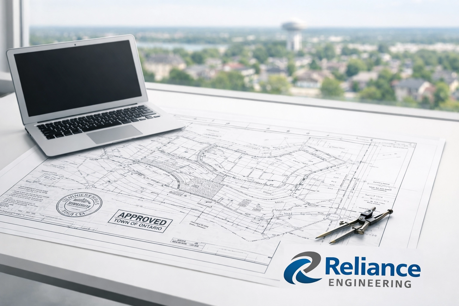 Detailed site grading blueprints for municipal permit approval in an Ontario engineering firm office.