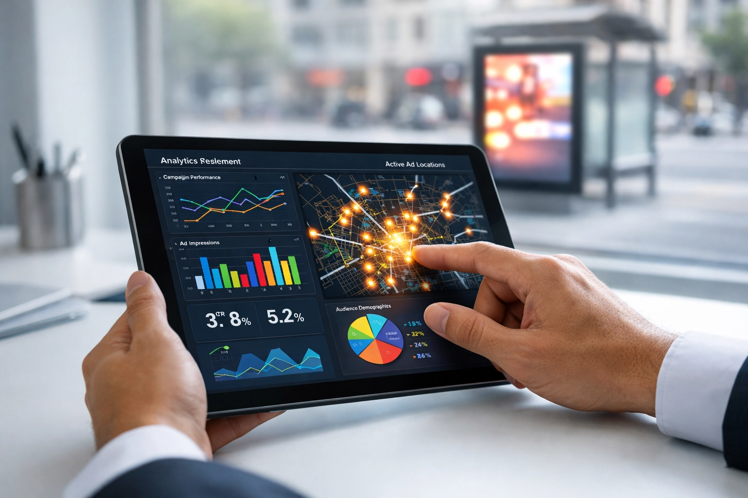 A media professional using a tablet to analyze real-time data for a programmatic sports DOOH campaign.